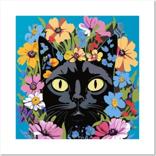 Black Cat in Flowers Posters and Art